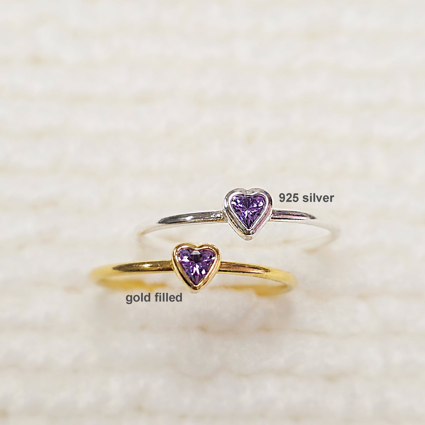 3mm Heart Bezel Set Stacking Ring with Amethyst CZ • BIRTH STONE RING • Gold Filled (14KGF) Jewelry Findings Wholesale •GFR1403HRTCZ(M2)-GFR1103HRTCZ(M2)