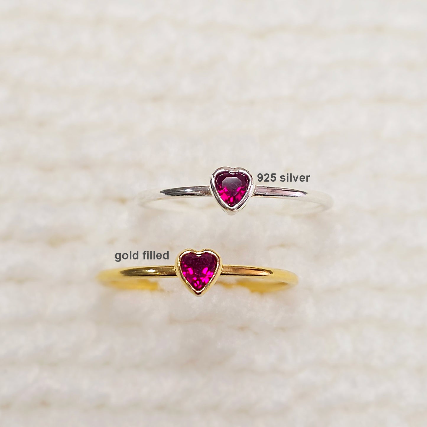 3mm Heart Bezel Set Stacking Ring with Ruby CZ • BIRTH STONE RING • Gold Filled (14KGF) Jewelry Findings Wholesale •GFR1403HRTCZ(M7)-GFR1103HRTCZ(M7)