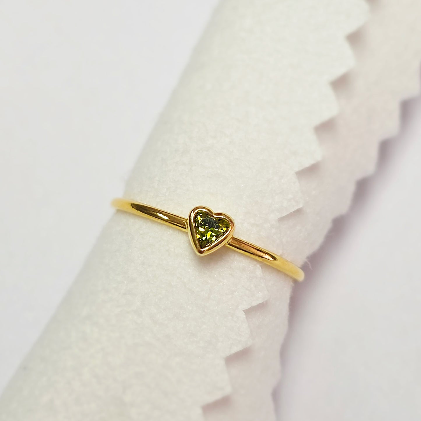 3mm Heart Bezel Set Stacking Ring with Peridot CZ • BIRTH STONE RING • Gold Filled (14KGF) Jewelry Findings Wholesale •GFR1403HRTCZ(M8)-GFR1103HRTCZ(M8)