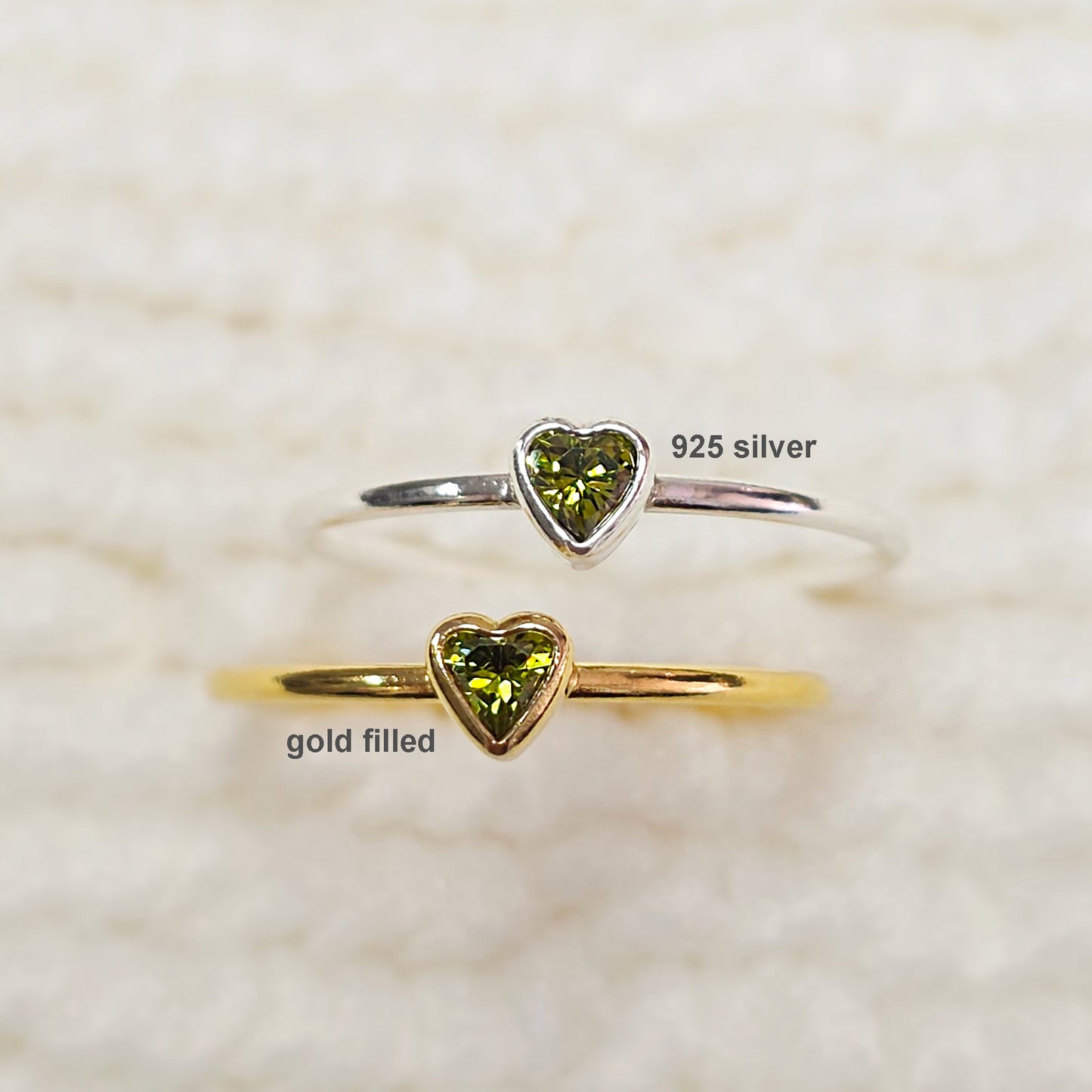 3mm Heart Bezel Set Stacking Ring with Peridot CZ • BIRTH STONE RING • Gold Filled (14KGF) Jewelry Findings Wholesale •GFR1403HRTCZ(M8)-GFR1103HRTCZ(M8)