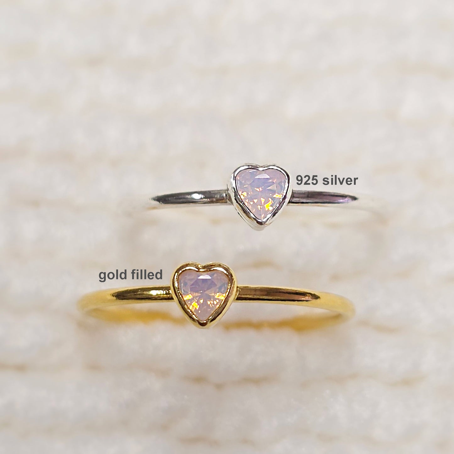 3mm Heart Bezel Set Stacking Ring with Opal Pink CZ • Gold Filled (14KGF) Jewelry Findings Wholesale •GFR1403HRTCZ(P2)-GFR1103HRTCZ(P2)